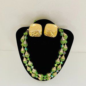 Lucite Carved beads and AB crystal necklace GP signed USA Earrings